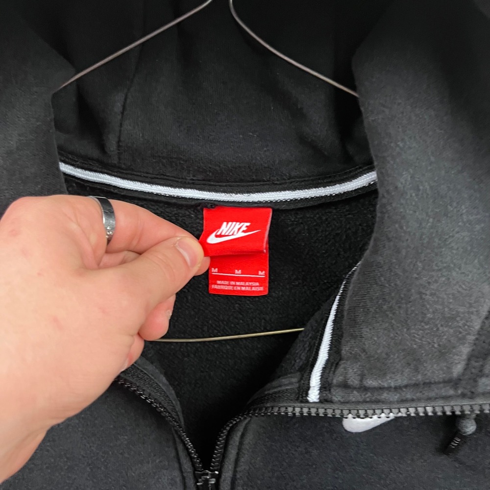 Nike Full Zip Hoodie Mens Medium Black Embroidered Logo Raglan Fleece Sweatshirt - Picture 5 of 7